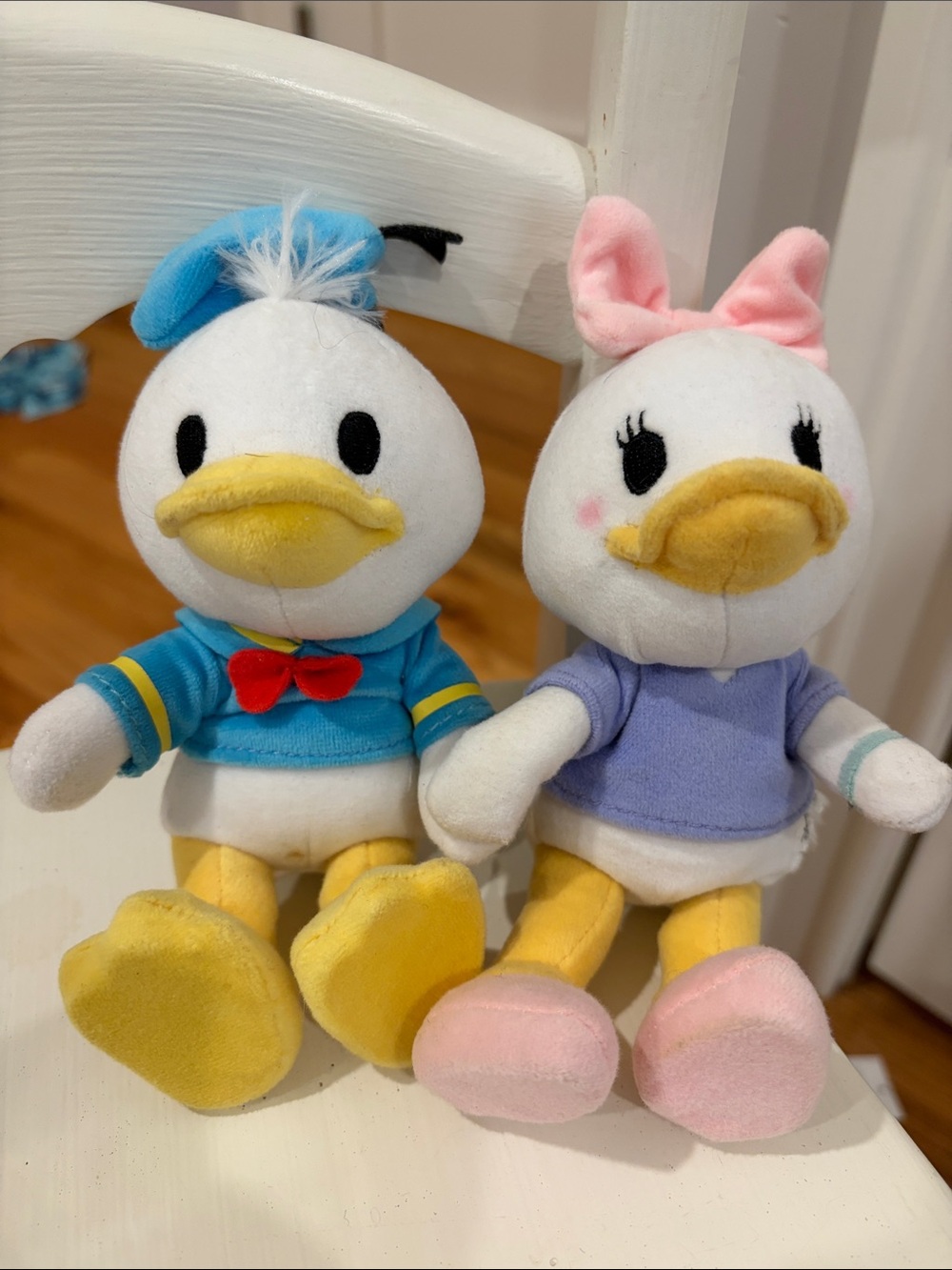 Pair of Plush Donald and Daisy Duck Dolls - Blue, Purple, Pink, Yellow